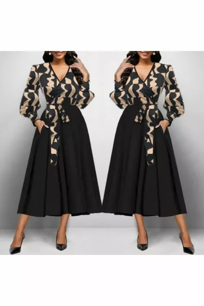 فستان نسائي متوسط الطول بأكمام طويلة وياقة متصالبة من قماش الغوص كريب