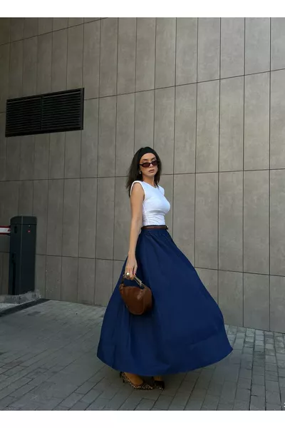 Lacivert Poplin Beli Lastikli Uzun Etek 