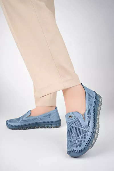 Ballerines en cuir véritable pour femme, denim bleu 