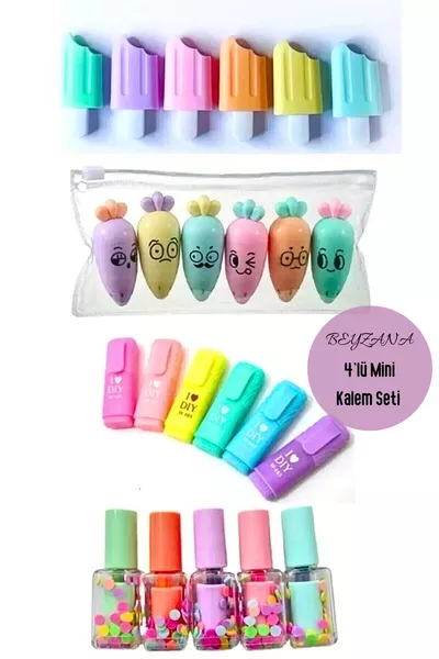 Mini 4 Parça Fosforlu Kalemler Seti - Dondurma - Sevimli Havuç - Mini Kalem - Oje Seti