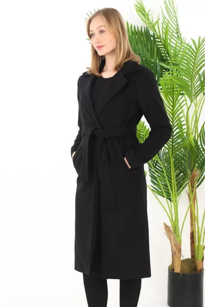 معطف صوف طويل نسائي أسود شتوي بحزام