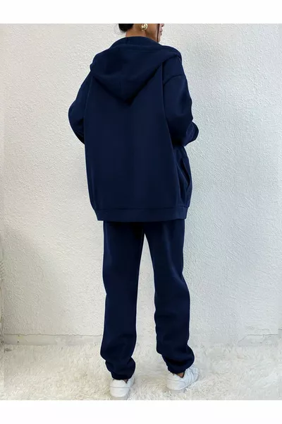 Navy Sierra Nevada Zippered Printed Oversized Sweatshirt and Sweatpants Set with Elastic Cuffs