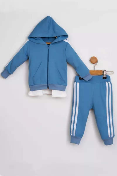 طقم رياضي للأطفال من قطعتين بسحاب وجيوب على شكل كنغر وخطوط جانبية