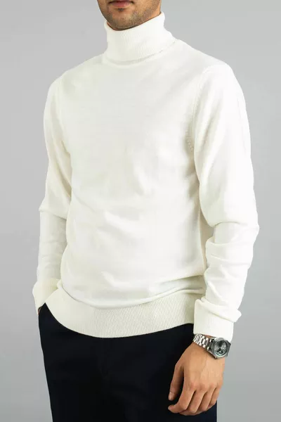 Men's White Slim Fit Turtleneck Cotton Knit Sweater