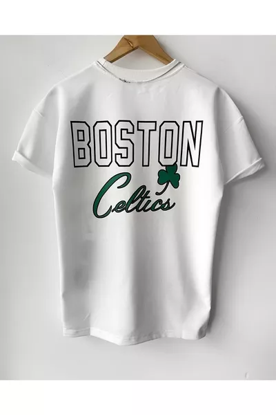 تي شيرت قطن قصير الأكمام بياقة دائرية للأطفال الأولاد بطبعة كبيرة لفريق بوسطن سيلتيكس