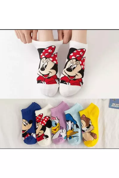 5 أزواج من الجوارب النسائية اللطيفة متعددة الألوان بنقشة كرتونية قابلة للغسيل