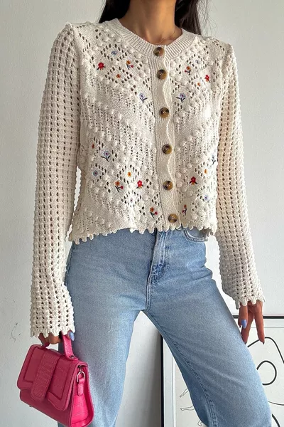 Women's White Button Detail Embroidered Standard Size Openwork Knit Cardigan