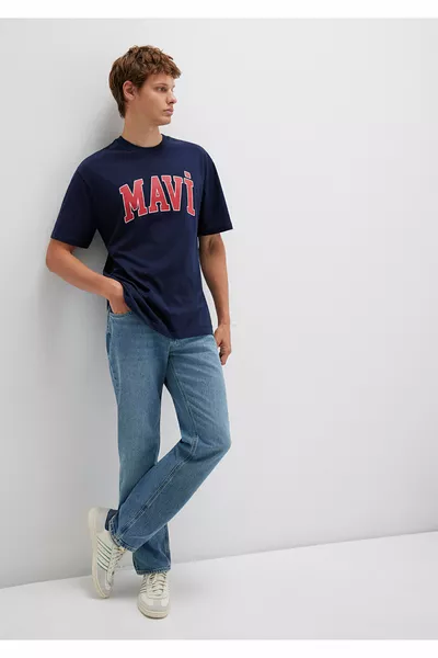 Logo Printed Navy T-Shirt Loose Fit / Relaxed Fit 