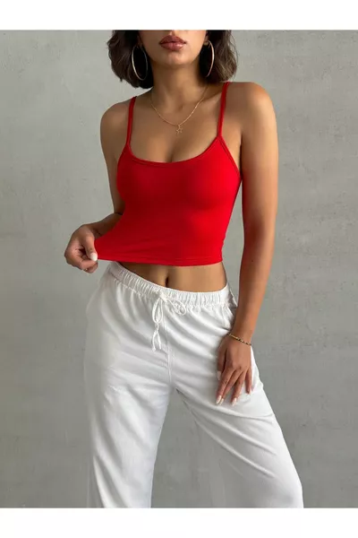 Kadın Kırmızı Scuba Kumaş Ip Askılı Crop Top