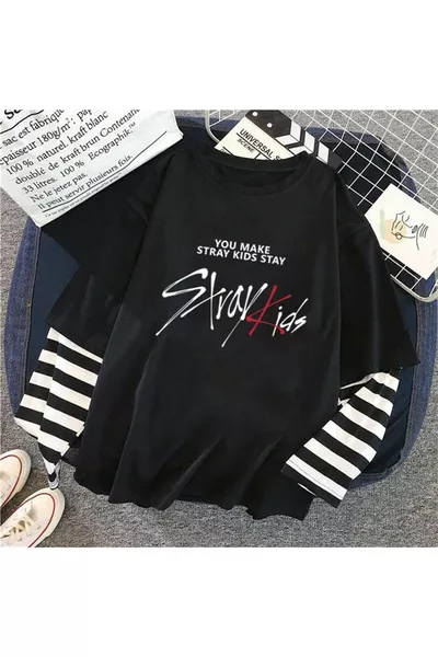 تيشيرت أسود للجنسين بأكمام مزيفة مطبوع عليه Stray Kids