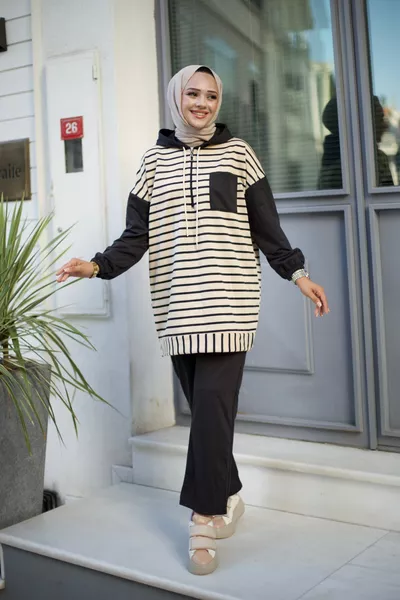 Women's Modest Clothing Hoodie and Half-Zip Front Striped 2-Ply Pants with Tunic Set
