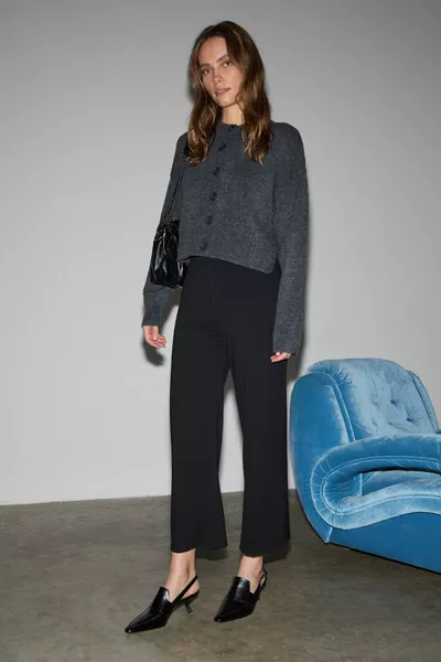 Freda Women's Thick Interlock Sturdy and Stretchy Fabric Flared Leg Front Ribbed Elastic Waist Black Pants