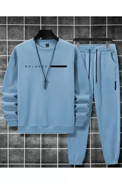 Boys' Baby Blue Balance Printed Oversized Crew Neck Tracksuit