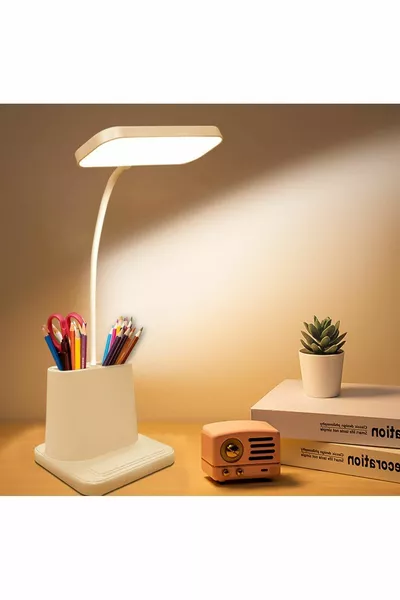 Lampe de bureau LED blanche, pivotante à  degrés, avec bouton tactile et support pour stylos, à batterie lithium