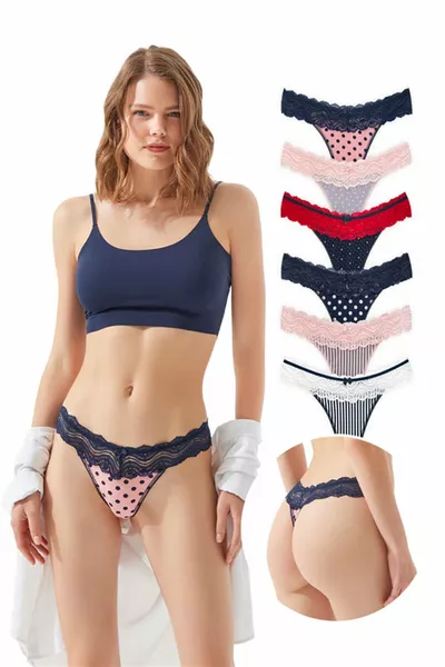 سروال داخلي نسائي من القطن بتفاصيل دانتيل، حزمة من 6 قطع