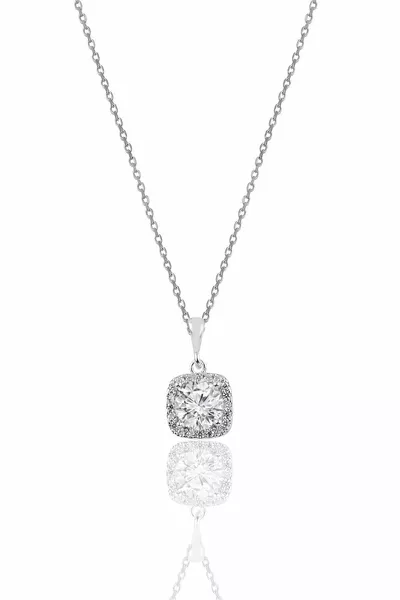 Silver Necklace with Square Diamond Setting and Silver Zircon Stone rodaj