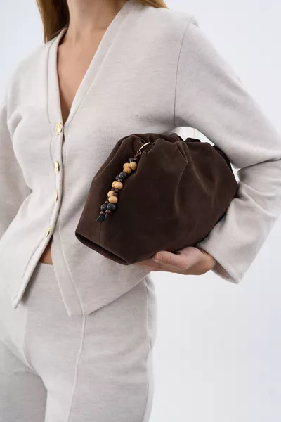 حقيبة نسائية بكشكشة باللون البني من الجلد السويدي