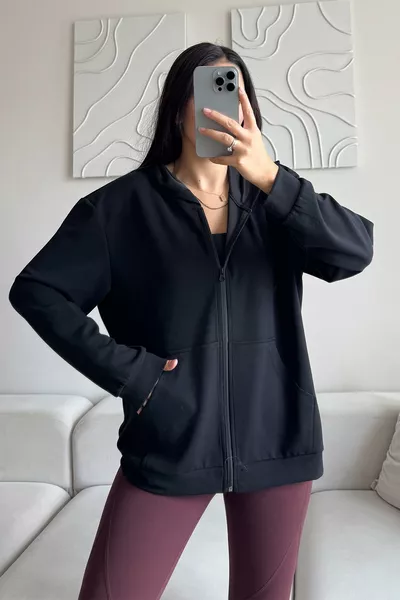 Modal Fabric Relax Fit Long Sleeve Hooded Zip-Up Black Women's Sweatshirt and T-Shirt Set