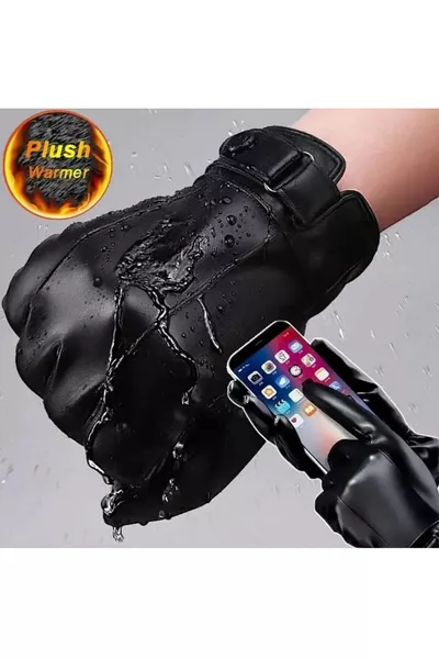 Men's Black Faux Leather Gloves Compatible with Touchscreen