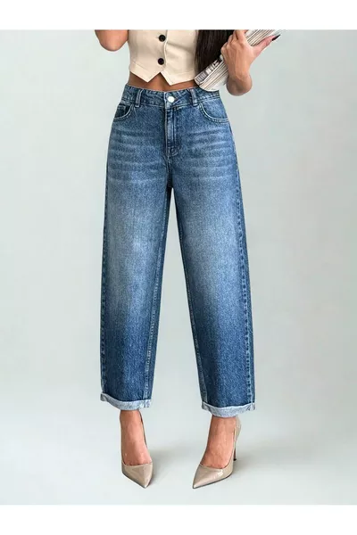 Jeans Mom Fit a Lunghezza Polso da Donna Blu