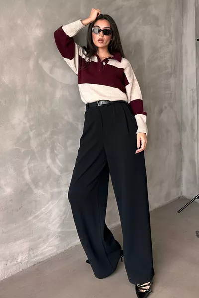 بنطال أسود مزدوج الطيات بحزام 