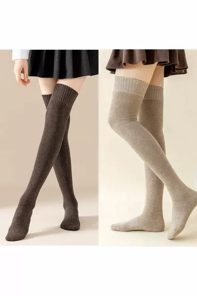 2 جوارب نسائية صوفية شتوية فوق الركبة