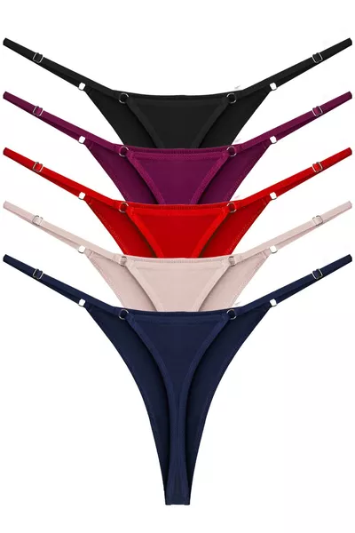 Basic Cotton Adjustable Waist Women's Thong Panties 5-Pack