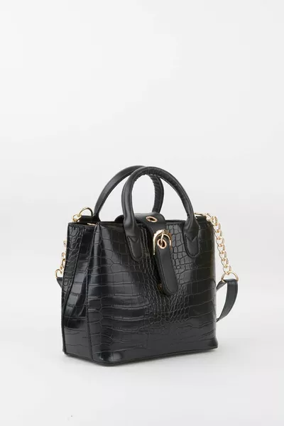 Donna in ecopelle nera coccodrillo fantasia chiusura a scatto chiusura a mano e borsa a tracolla