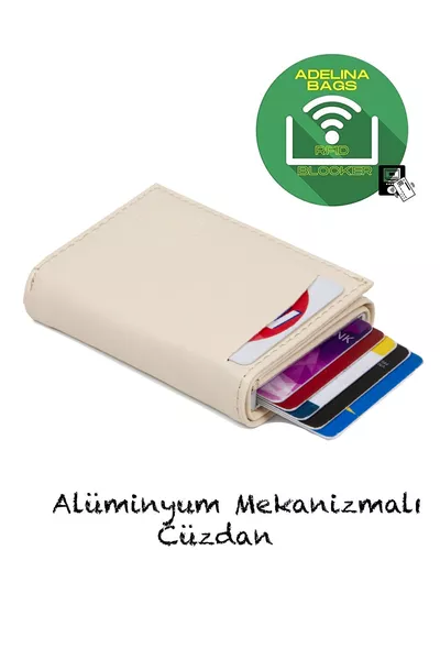 Adelina Unisex Cream Nova Leather Mechanism Automatic Slide Card Wallet (CM)