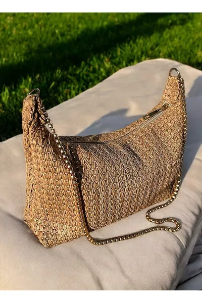 حقيبة يد وكتف نسائية منسوجة بشكل متعرج مع سلسلة ذهبية