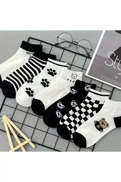 5 أزواج من جوارب النساء القطنية بنقشة تيدي بالأبيض والأسود