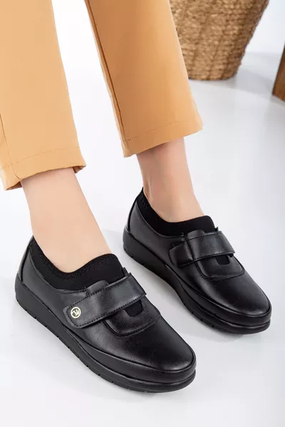 Women's Black Orthopedic Leather-Lined Heel Gel Comfortable Shoes 