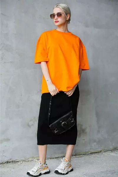 Super Quality Unisex Cotton Orange Crew Neck Oversized Boyfriend T-shirt Women Men Orange