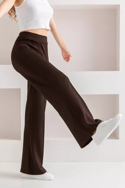 Women's Brown High-Waist Shaping Wide-Leg Ribbed Front Modal Fabric Leggings Pants