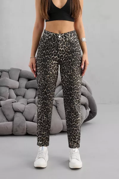 Pantaloni Mom a Vita Alta Donna con Stampa Leopardo Elasticizzati/Lycra