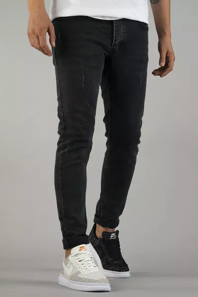 Erkek Slim Fit Dar Kesim Tırnaklı Kot Pantolon Füme