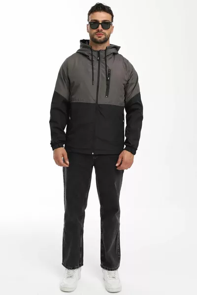 معطف مضاد للمطر والرياح رجالي بلونين فحمي-أسود، بسحاب داخلي وغطاء رأس وجيوب