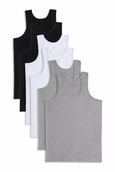 6 Stuks Compact Jersey Zwart-Wit-Grijs Heren Singlet Katoen Standaard Pasvorm Normale Snit 6-Pack
