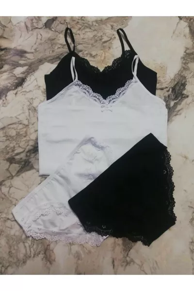 Set da 2 canottiere da donna bianche e nere con spalline sottili e slip abbinati