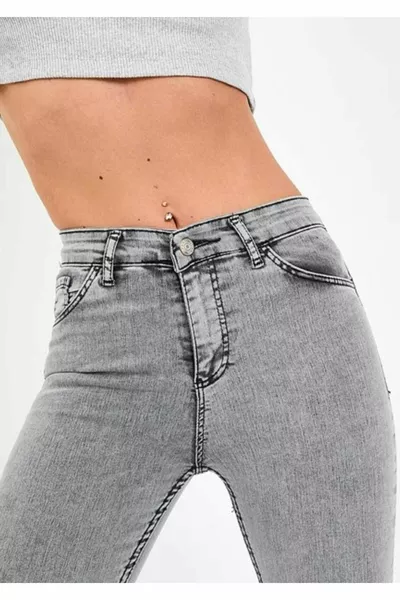 Dames Grijze Jeans Met Hoge Taille, Smalle Enkel, Skinny En Stretch