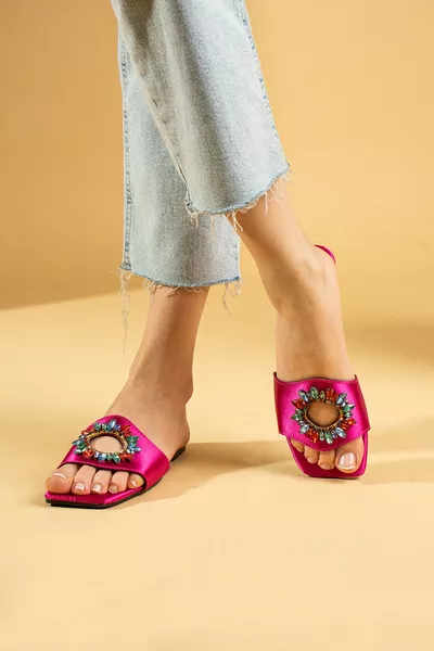 Stone-Embellished Satin Slippers, Size 1, Order Small