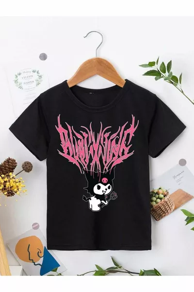 قميص تيشيرت أطفال أسود مطبوع من القطن بتصميم مريح للجنسين