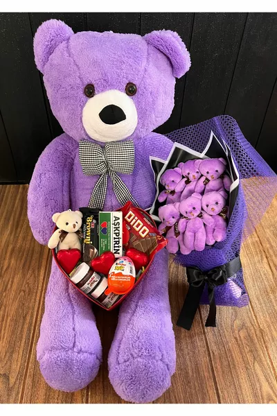 Regalo per il Fidanzato: Orsetto Viola da  cm con Amore e Scatola Regalo Romantica - E Bouquet di Orsetti