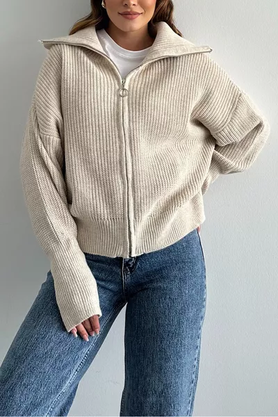 Stone-Colored V-Neck Zip-Up Knit Cardigan