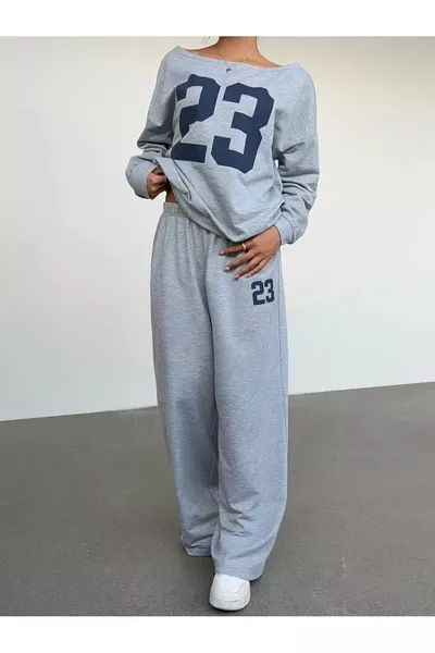 Women's Grey Boat Neck Ribbed  Printed Sweatshirt - Grey Loose Fit Comfortable Tracksuit