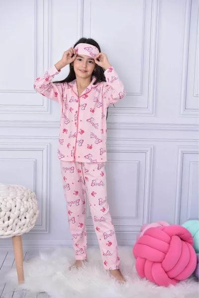 GIRL'S BUTTONED COTTON PAJAMA SET - INCLUDING EYE MASK