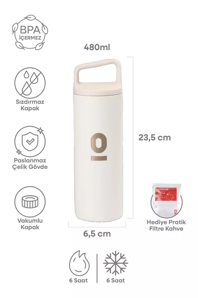 Бял термос с неръждаема стомана и дръжка  мл №