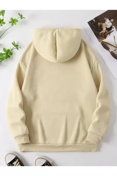 سويت شيرت بغطاء رأس وجيوب من القطن باللون البيج بطبعة شمس وقمر وكواكب