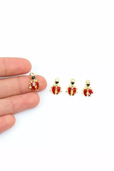 1 штука - ювелирный элемент с покрытием из золота с эмалью и рисунком божьей коровки, 1-й сорт (не тускнеет)