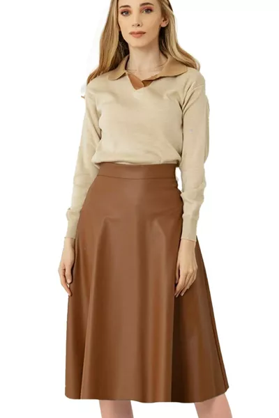 Миди пола от кафява кожа, широк модел